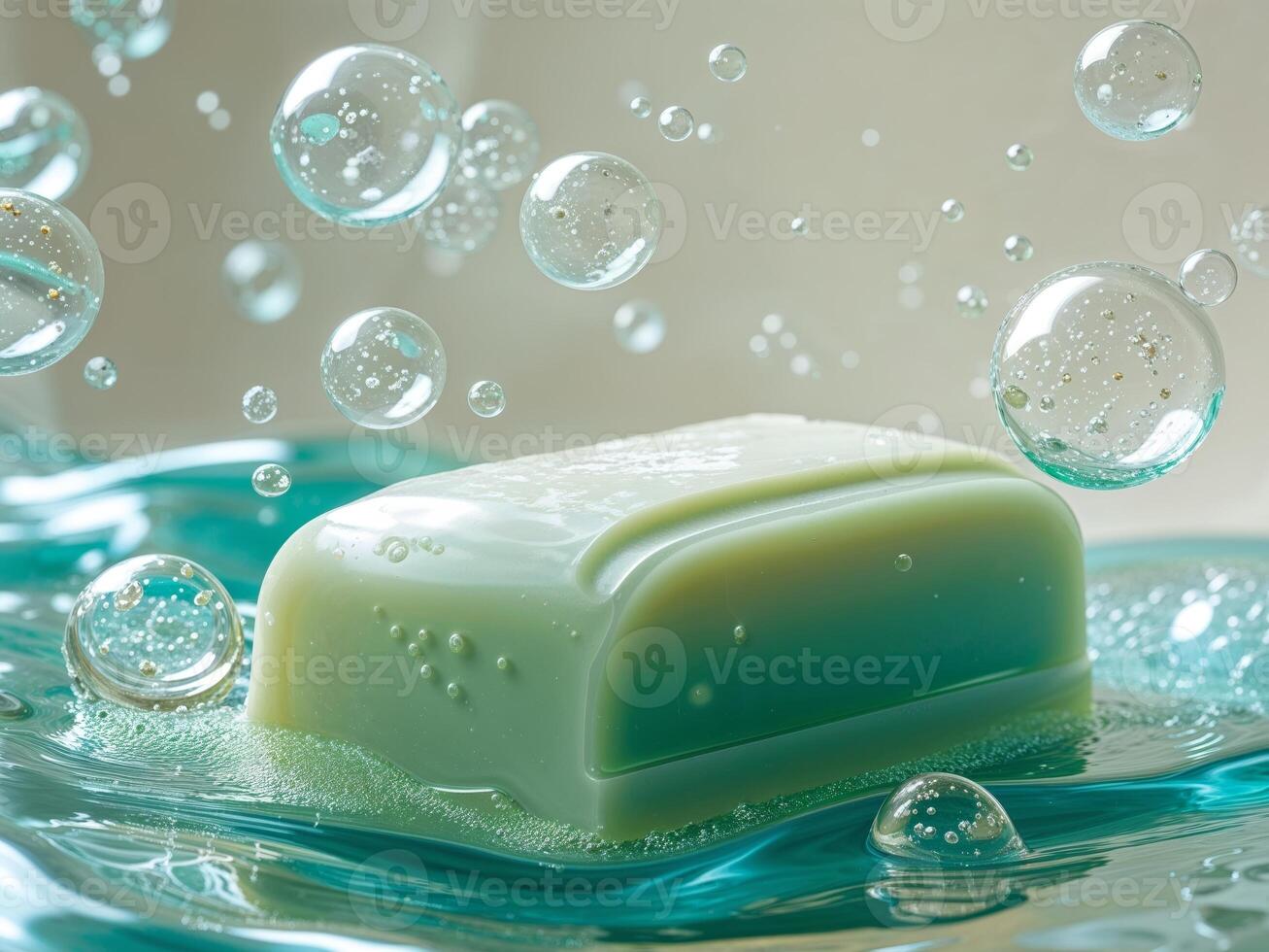 Splashing Soap Bar with Bubbles in Aqua Blue photo