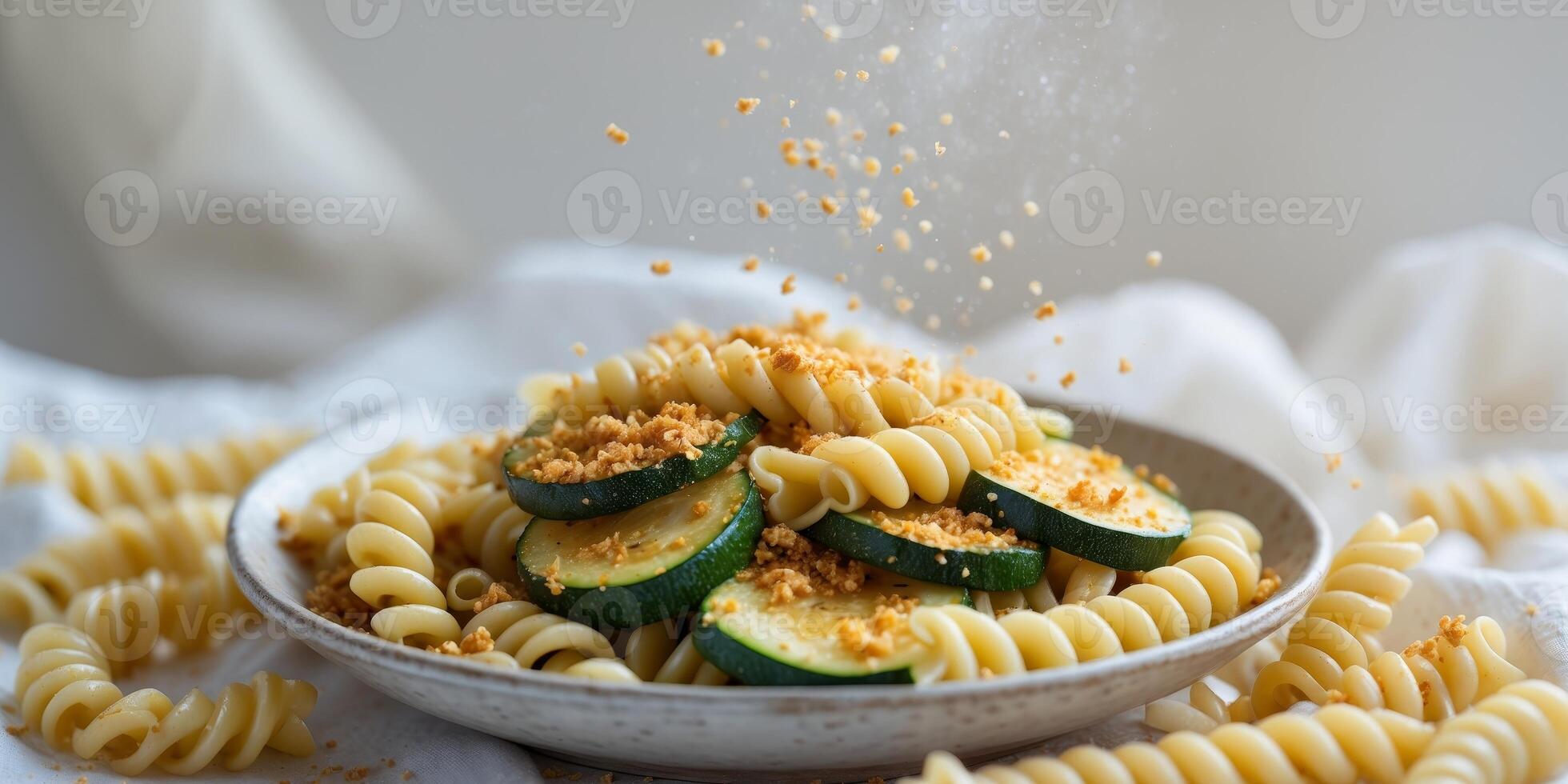Zucchini with spiral pasta with breadcrumbs styled for presentation photo