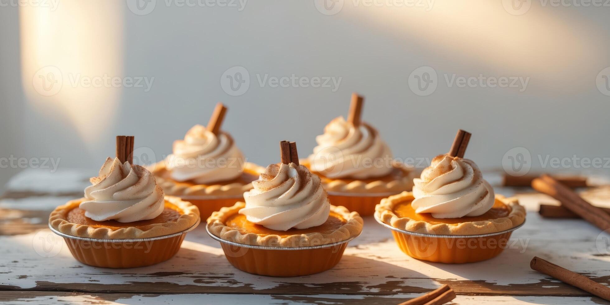 Mini Pumpkin Pies with Whipped Cream and Cinnamon Sticks on Rustic Wooden Table photo