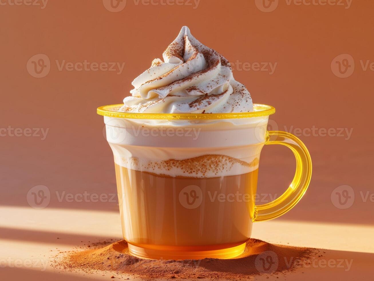 Creamy Beverage in Plastic Cup with Whipped Topping on Orange Background photo