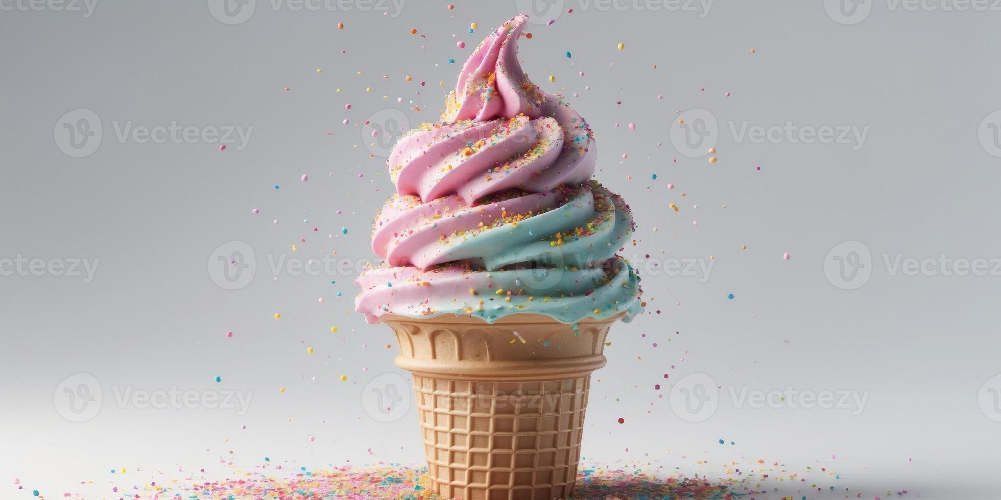 Delicious ice cream cone with colorful sprinkles on top photo