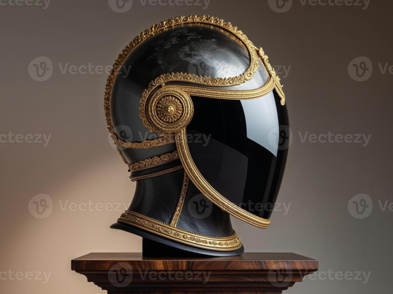 Ornate helmet with golden trim and a dark visor displayed on a stand photo