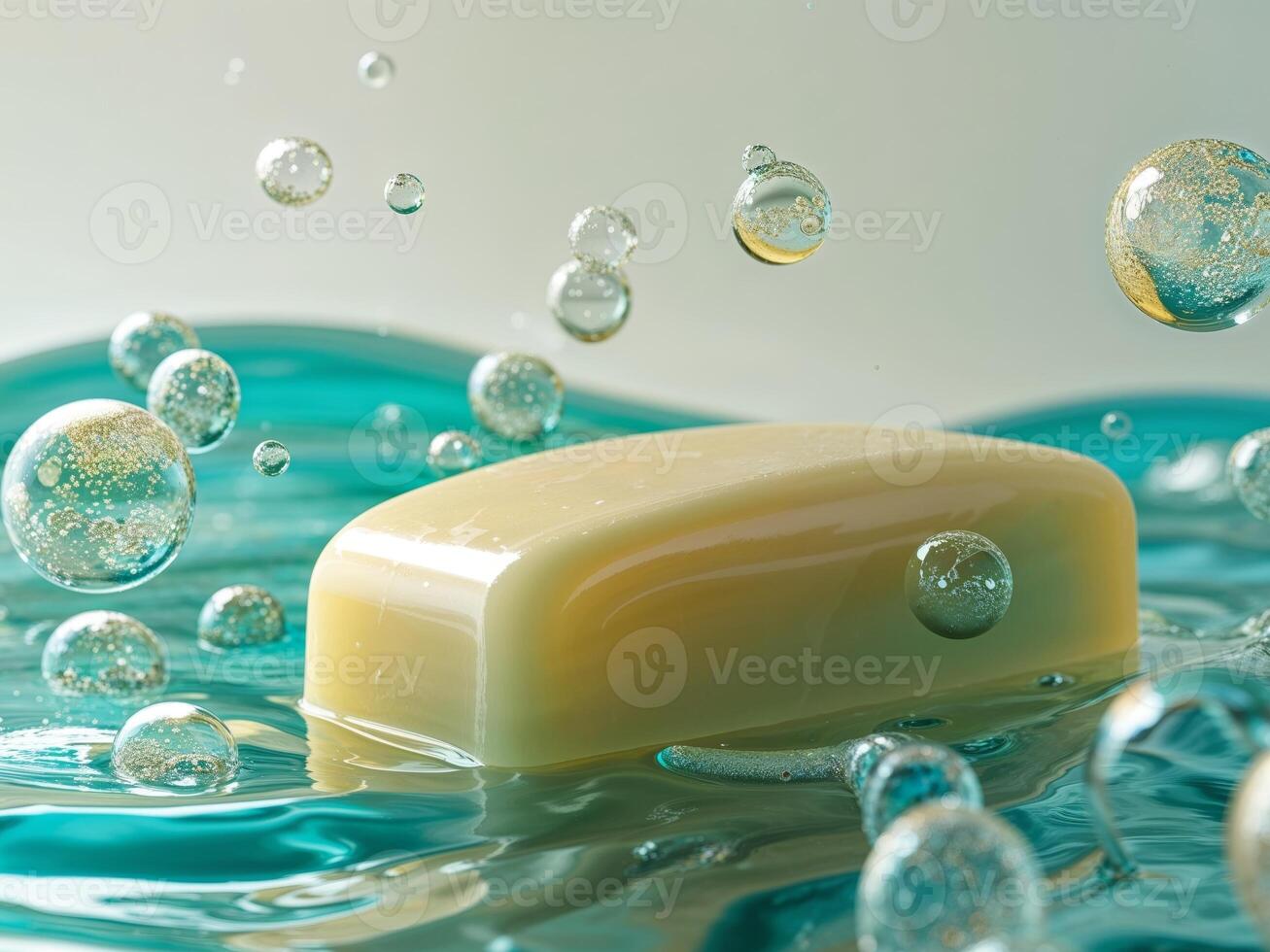 Splashing Soap Bar with Bubbles in Aqua Blue photo