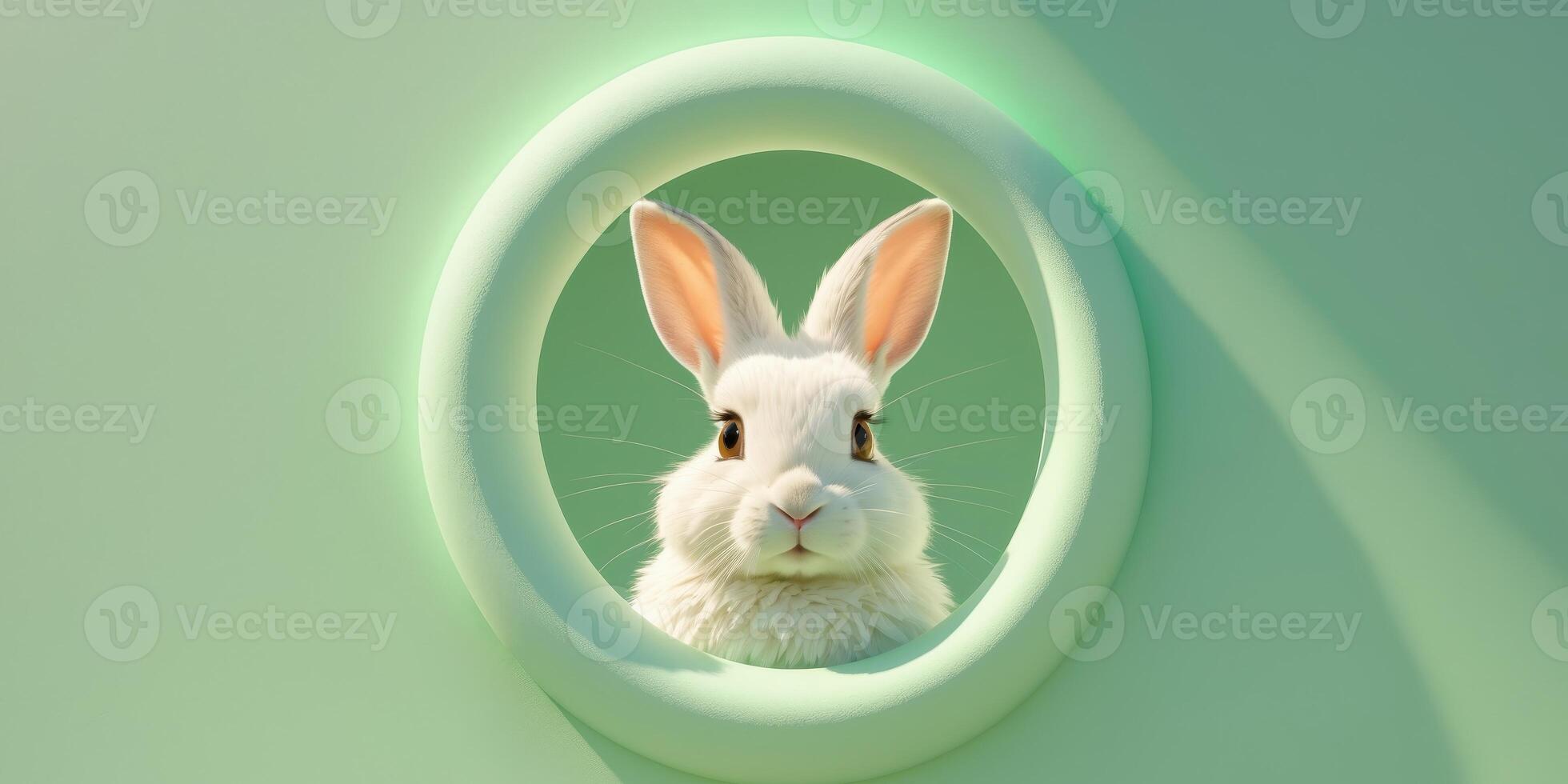White rabbit peeking from a hole in a mint green background during daylight hours photo