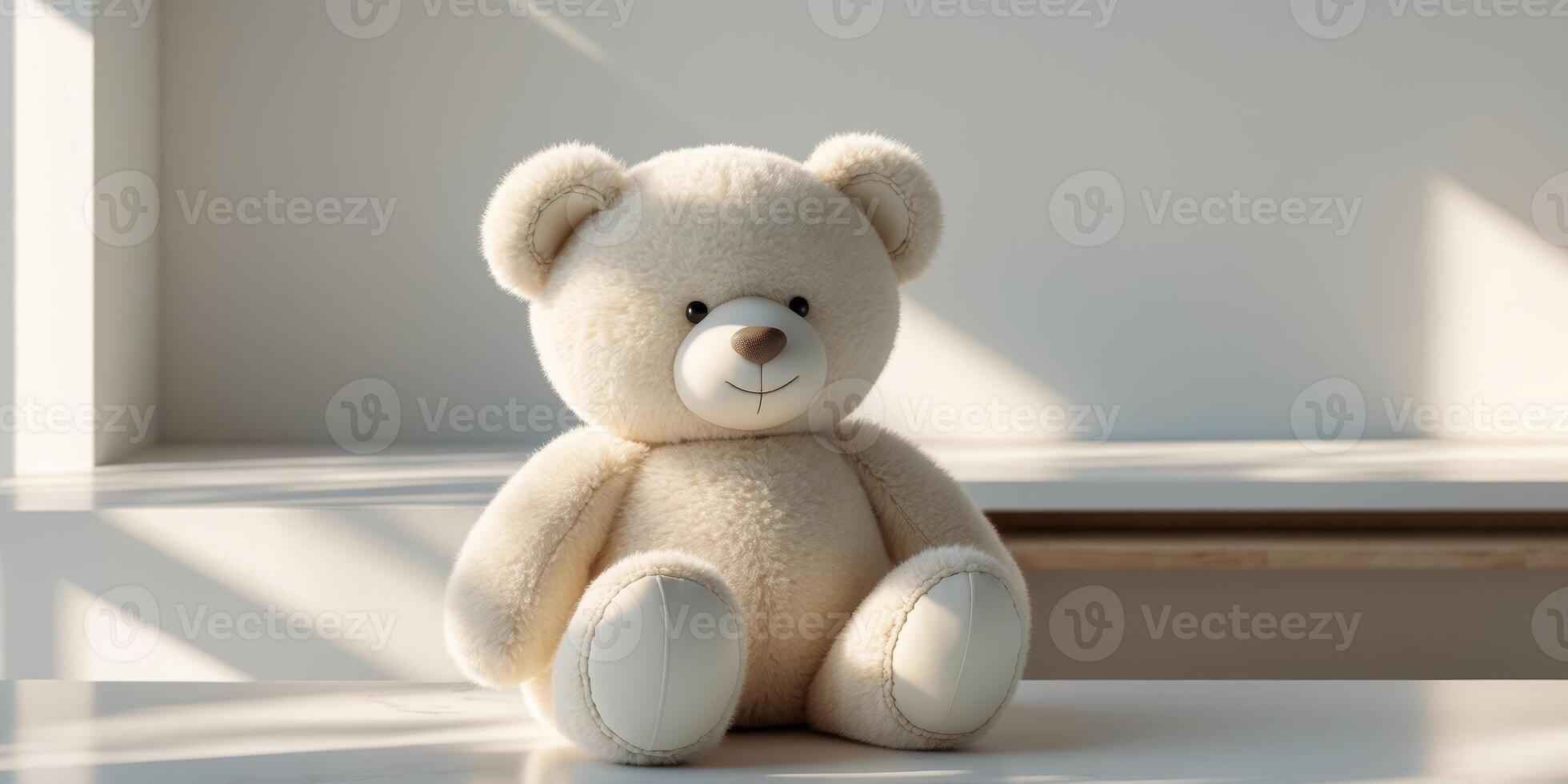 Soft neutral colored plush teddy bear seated on a clean surface photo
