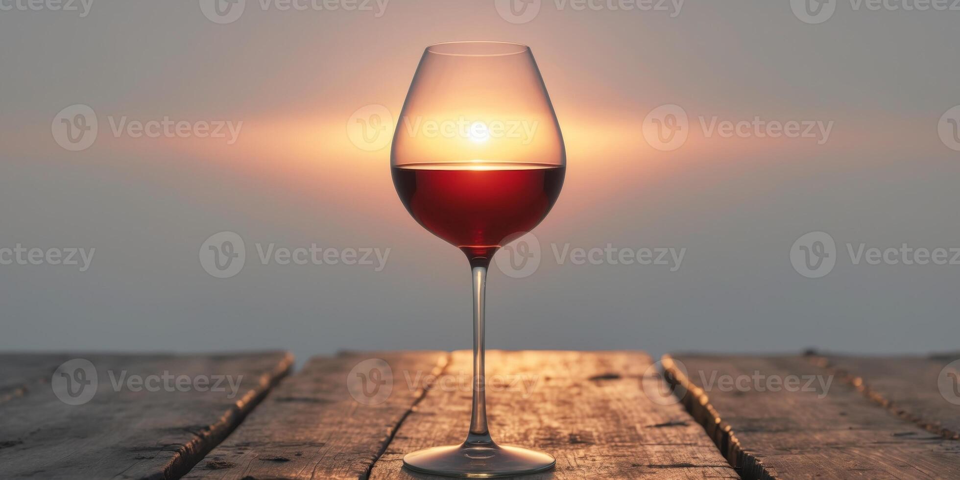 Elegant Red Wine Glass Positioned on Wooden Table with Sunset Glow photo