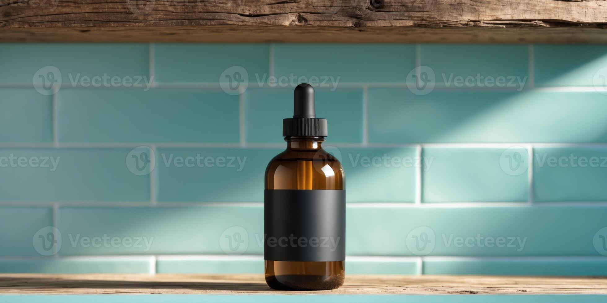 Amber wellness product bottle with black label resting on wooden shelf in front of teal subway tile backdrop photo