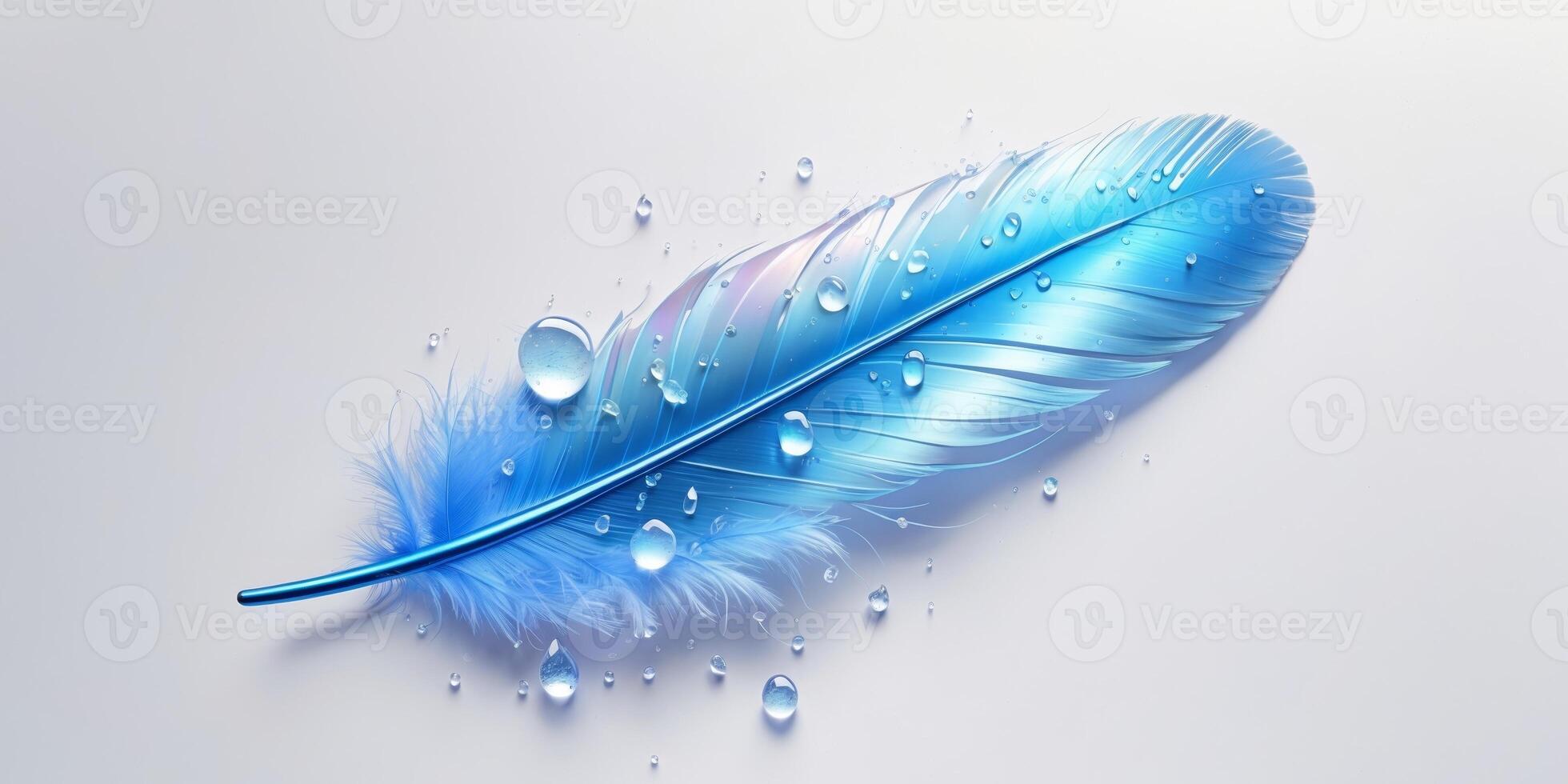 A blue feather with water droplets on it photo