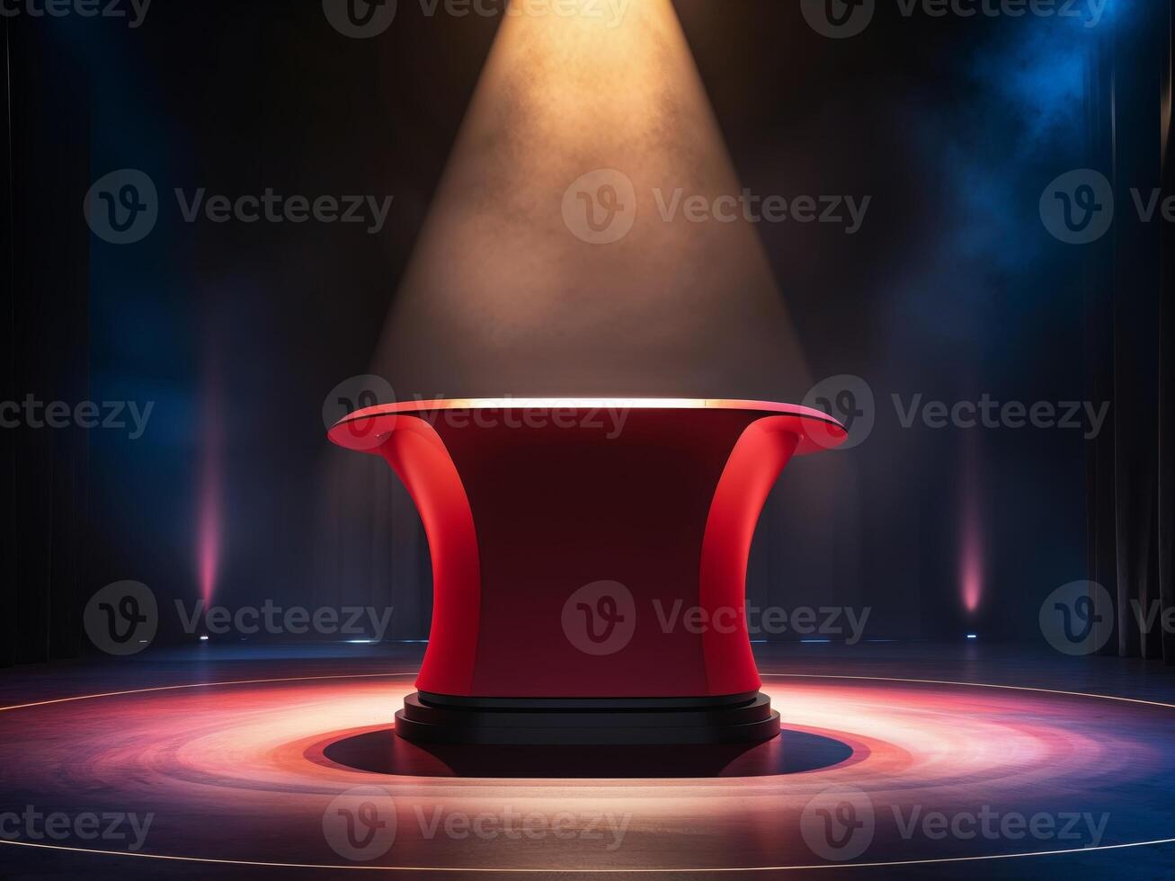 Stage with Red Podium Under Dramatic Spotlight in Dark Atmosphere photo