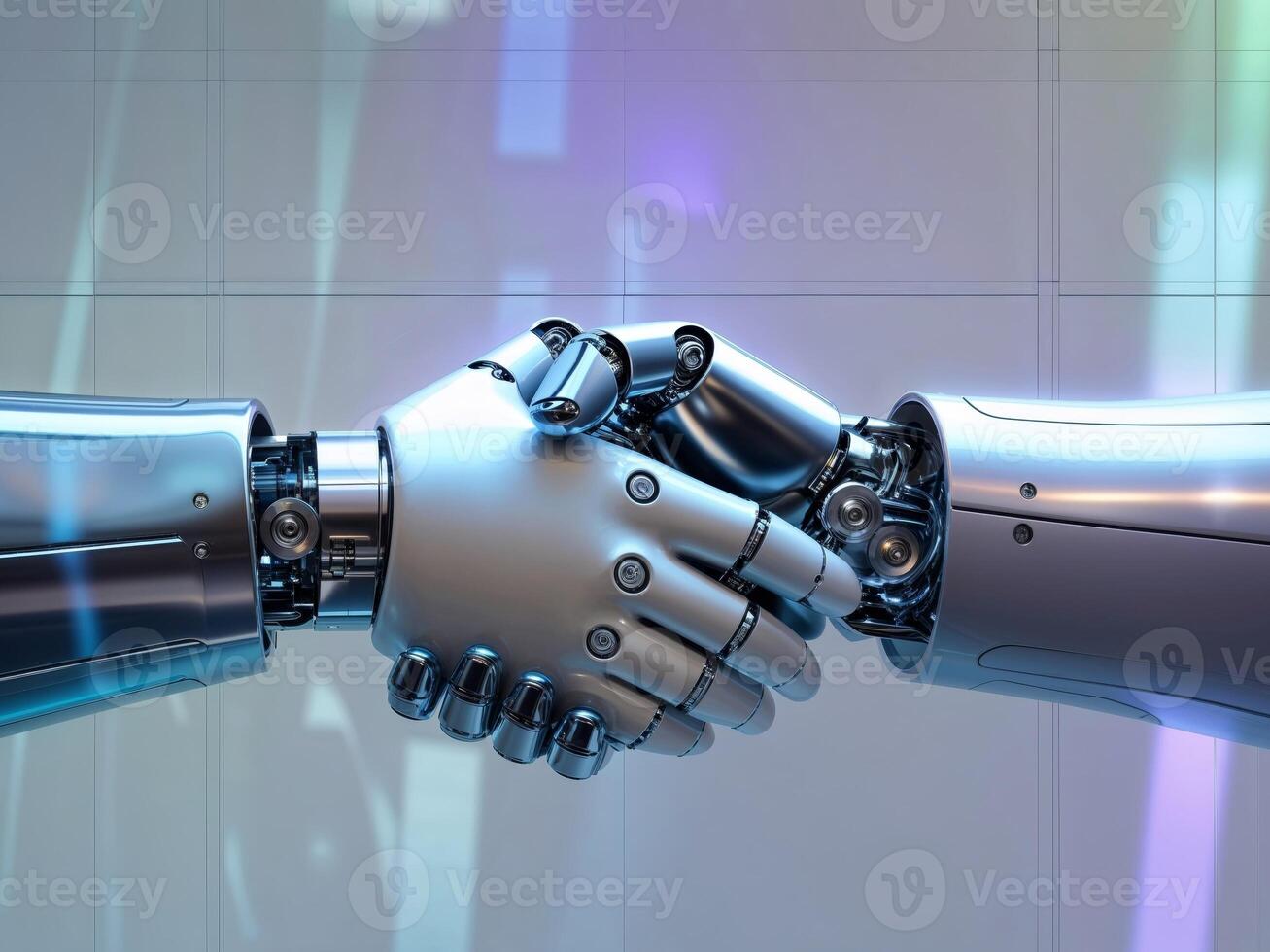Futuristic Holographic Handshake Between Robotic Arms Symbolizing Business Leadership Trust and Partnership photo