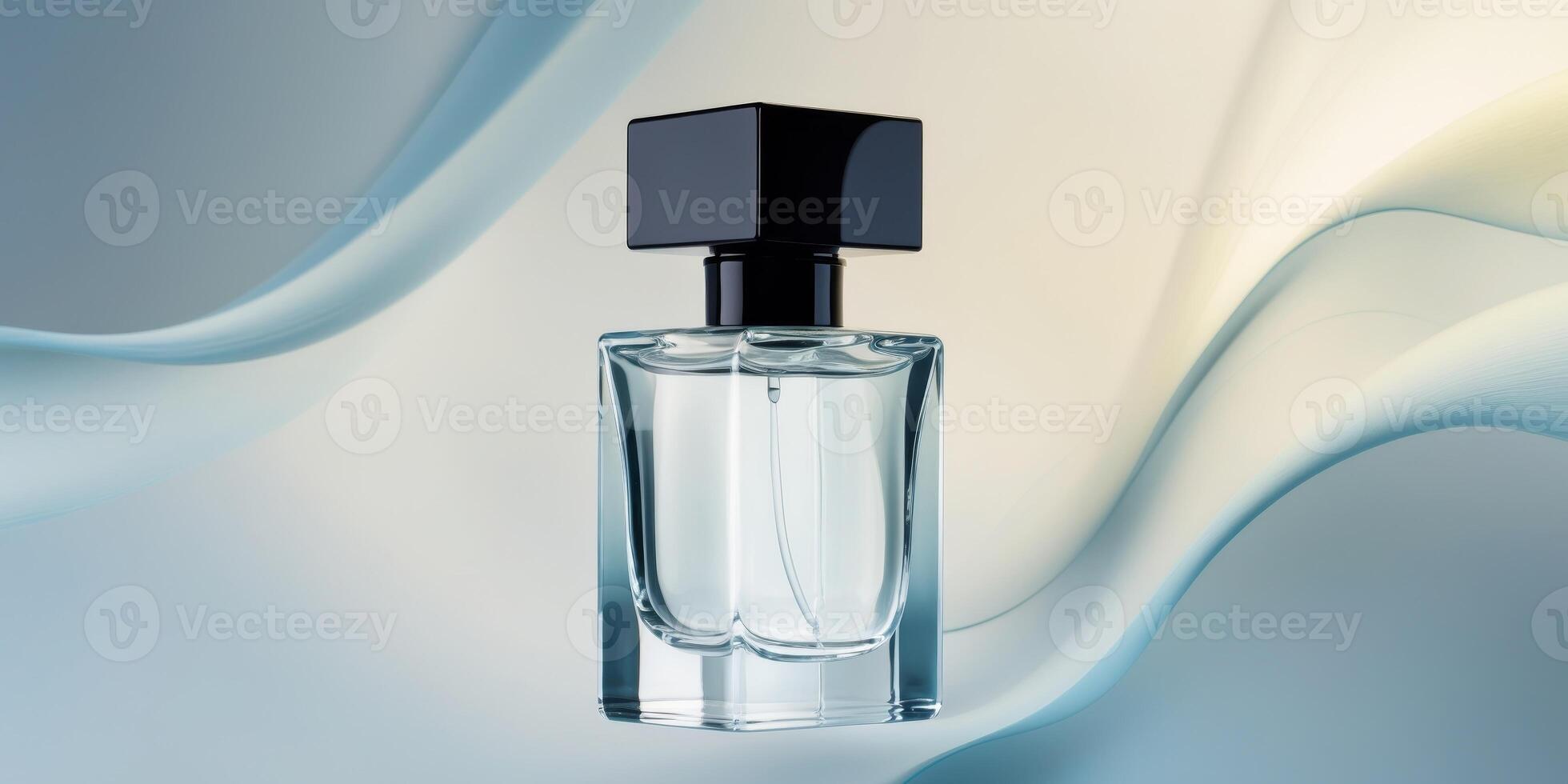 Floating square glass bottle mockup with black cap on gradient background for fragrance branding photo