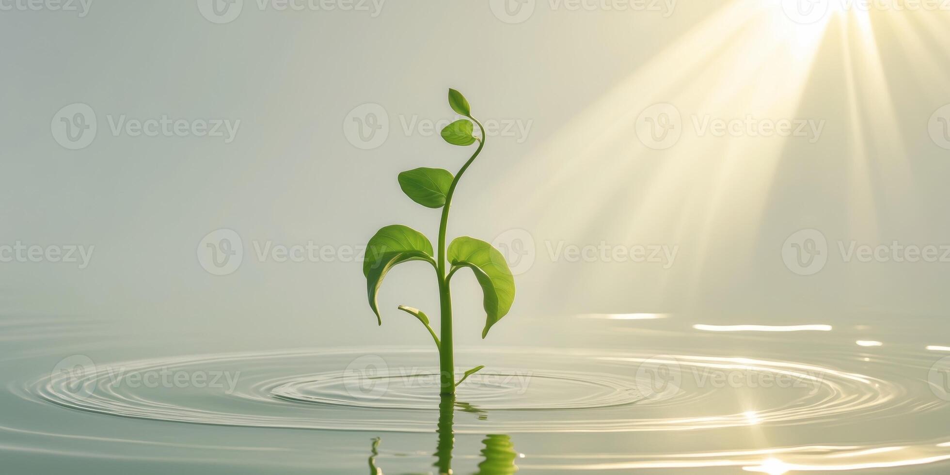 Fresh Green Sprout Emerging from Water Under Bright Sunlight Rays photo