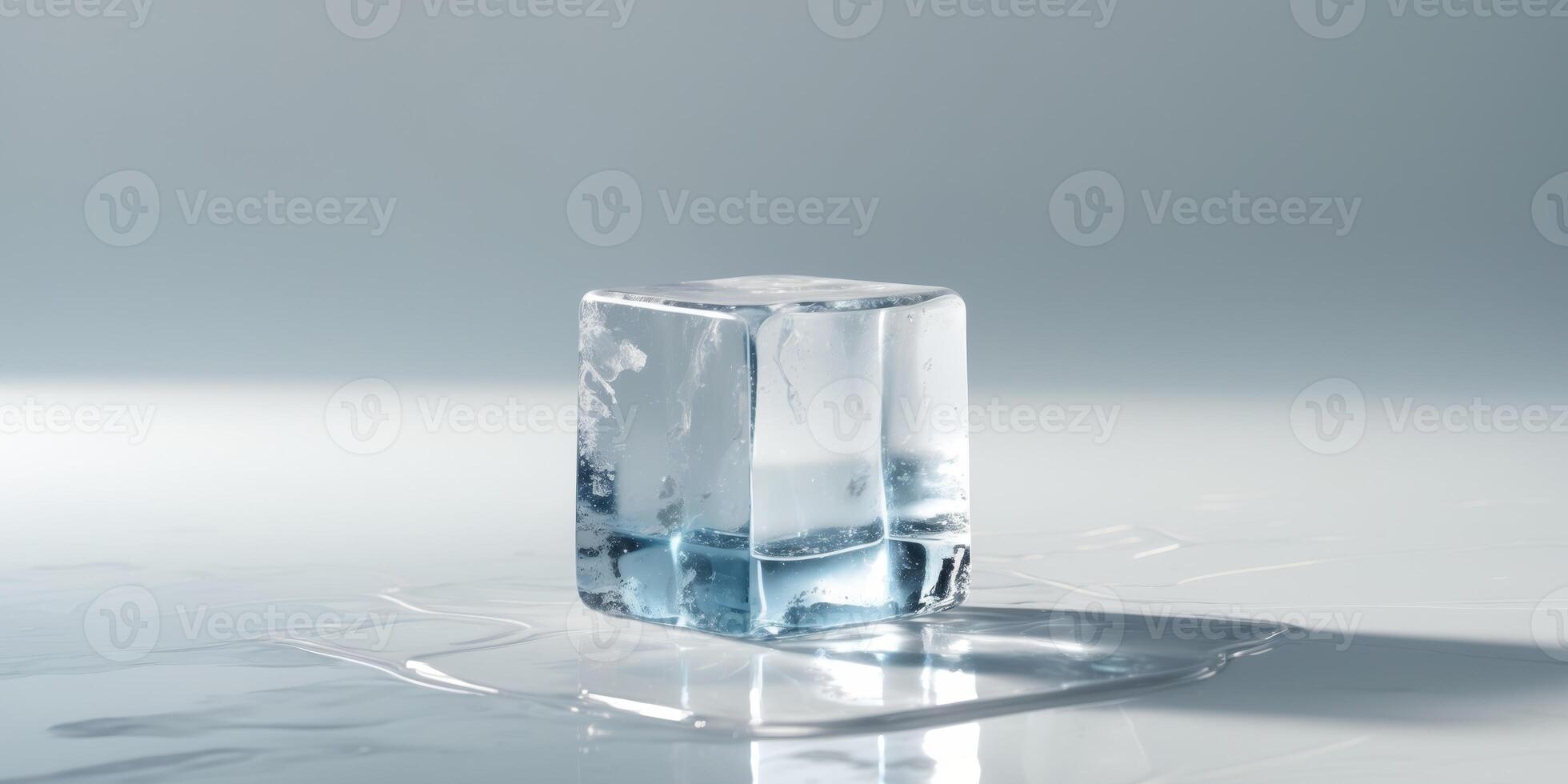 A single ice cube rests on a glistening surface photo