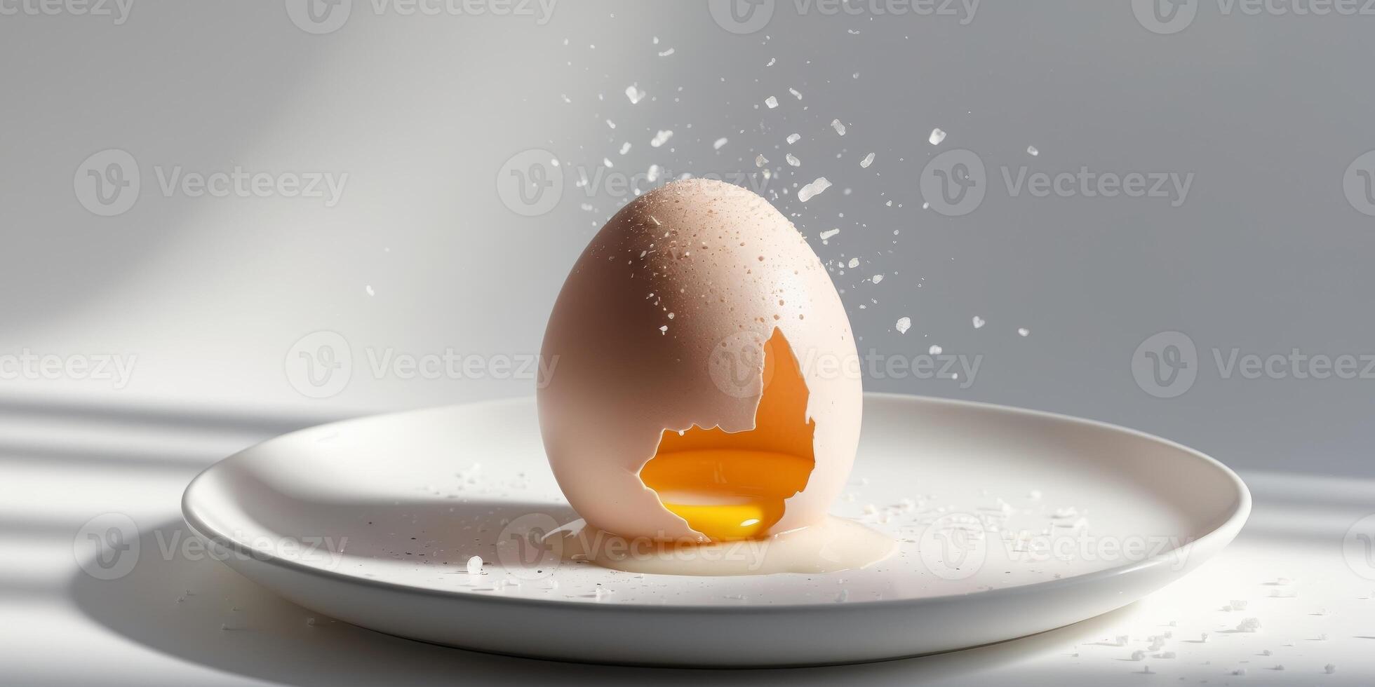 Smoky Raw Egg Sitting on a Plate with Cracked Shell and Sea Salt Garnish photo