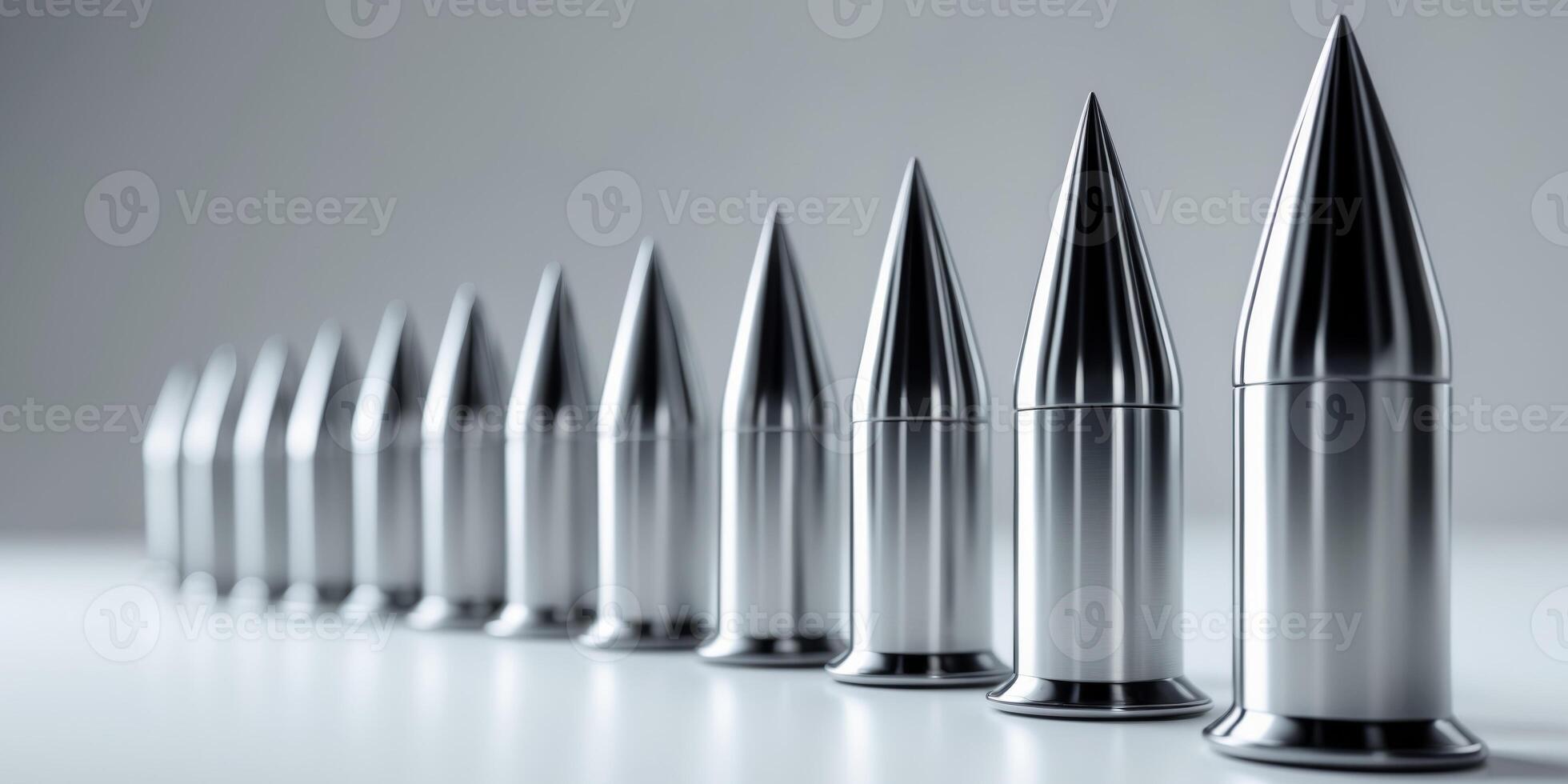 A row of sharp metal objects are lined up on a white surface photo