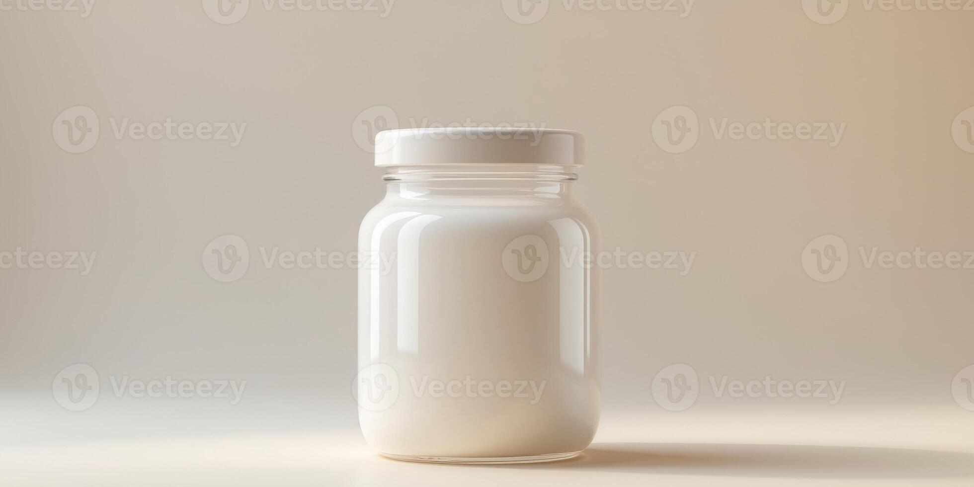 Clear jar mockup with white lid on soft background for product labeling and packaging design concepts photo