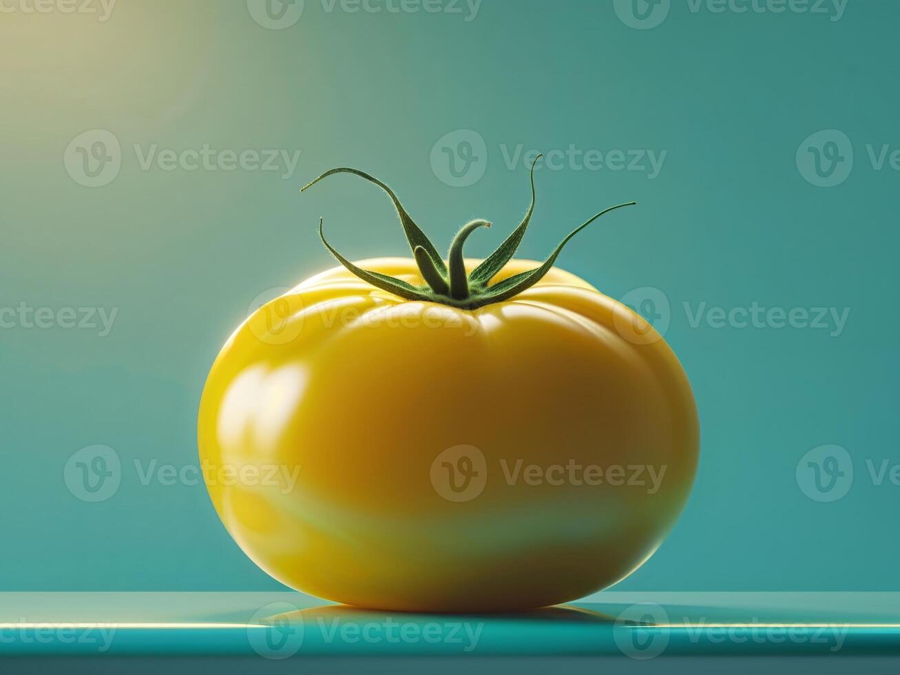 Yellow Tomato Sits Vibrantly on Turquoise Surface photo