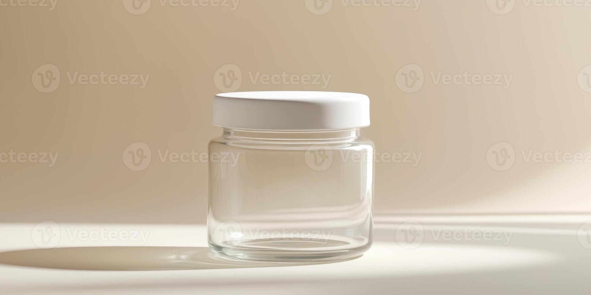Clear jar mockup with white lid on soft background for product labeling and packaging design concepts photo
