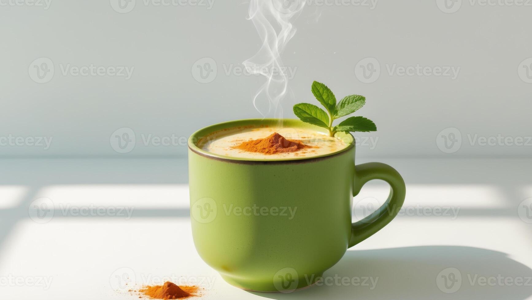 Delicious golden turmeric latte in a green mug garnished photo