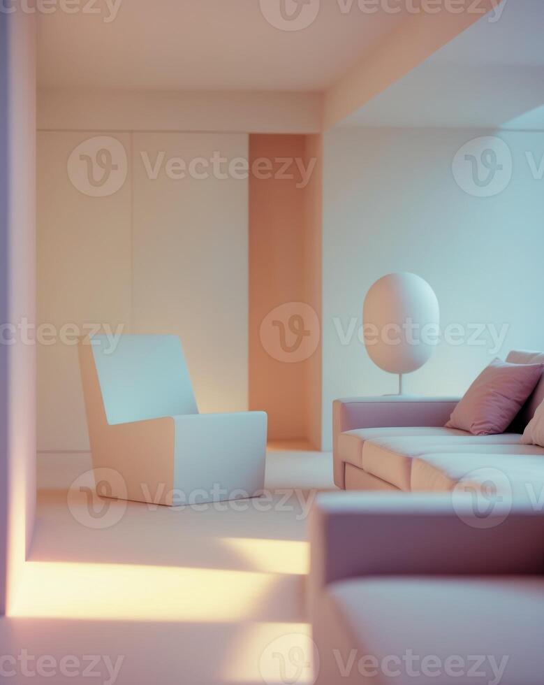 A white room with a couch and a lamp photo