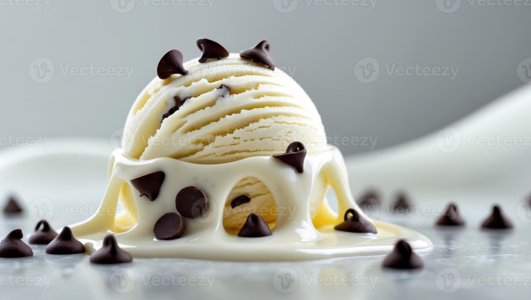 Closeup of Melting Ice Cream with Chocolate Pieces photo