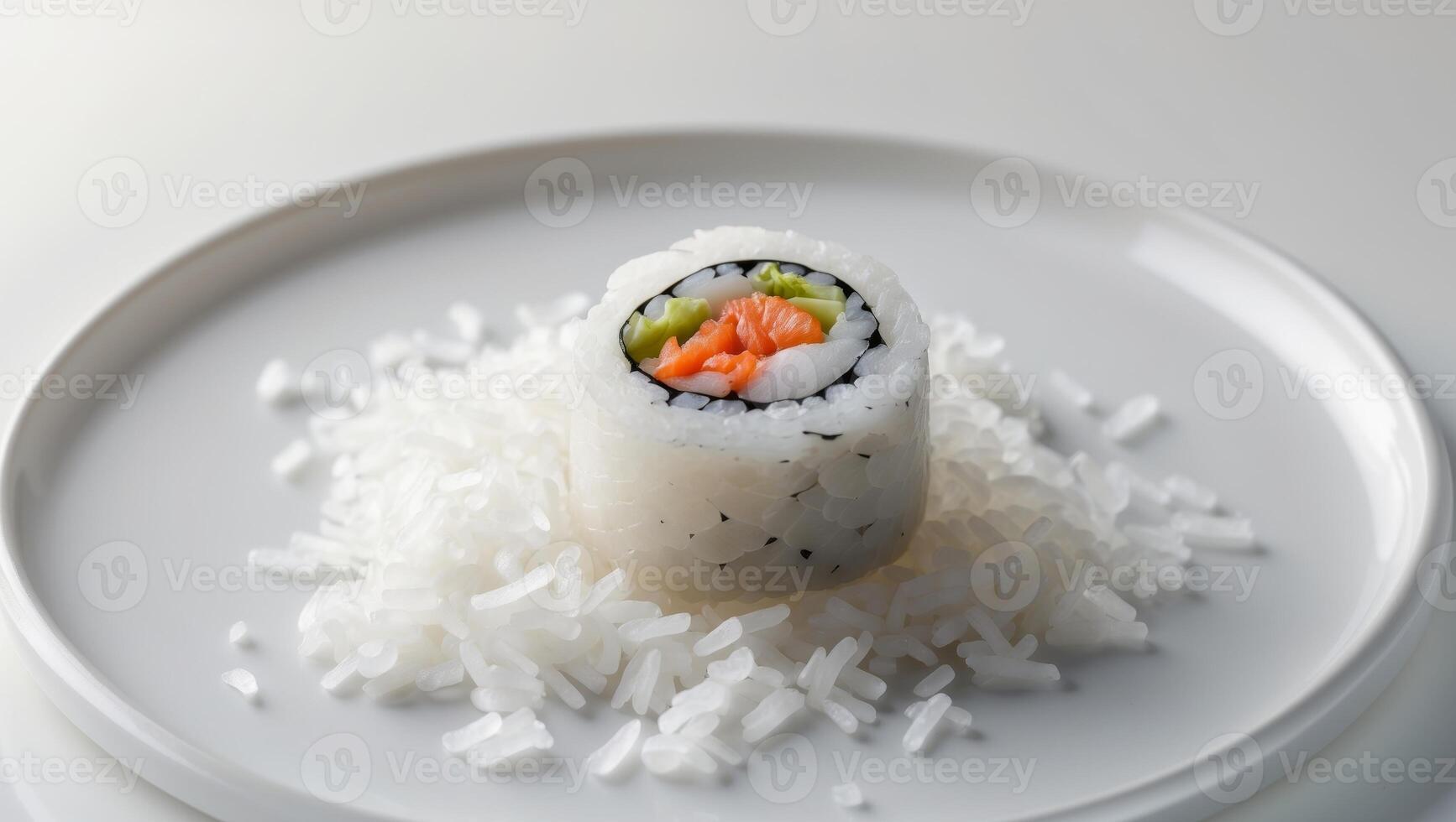 Deliciously fresh sushi roll on a bed of rice photo