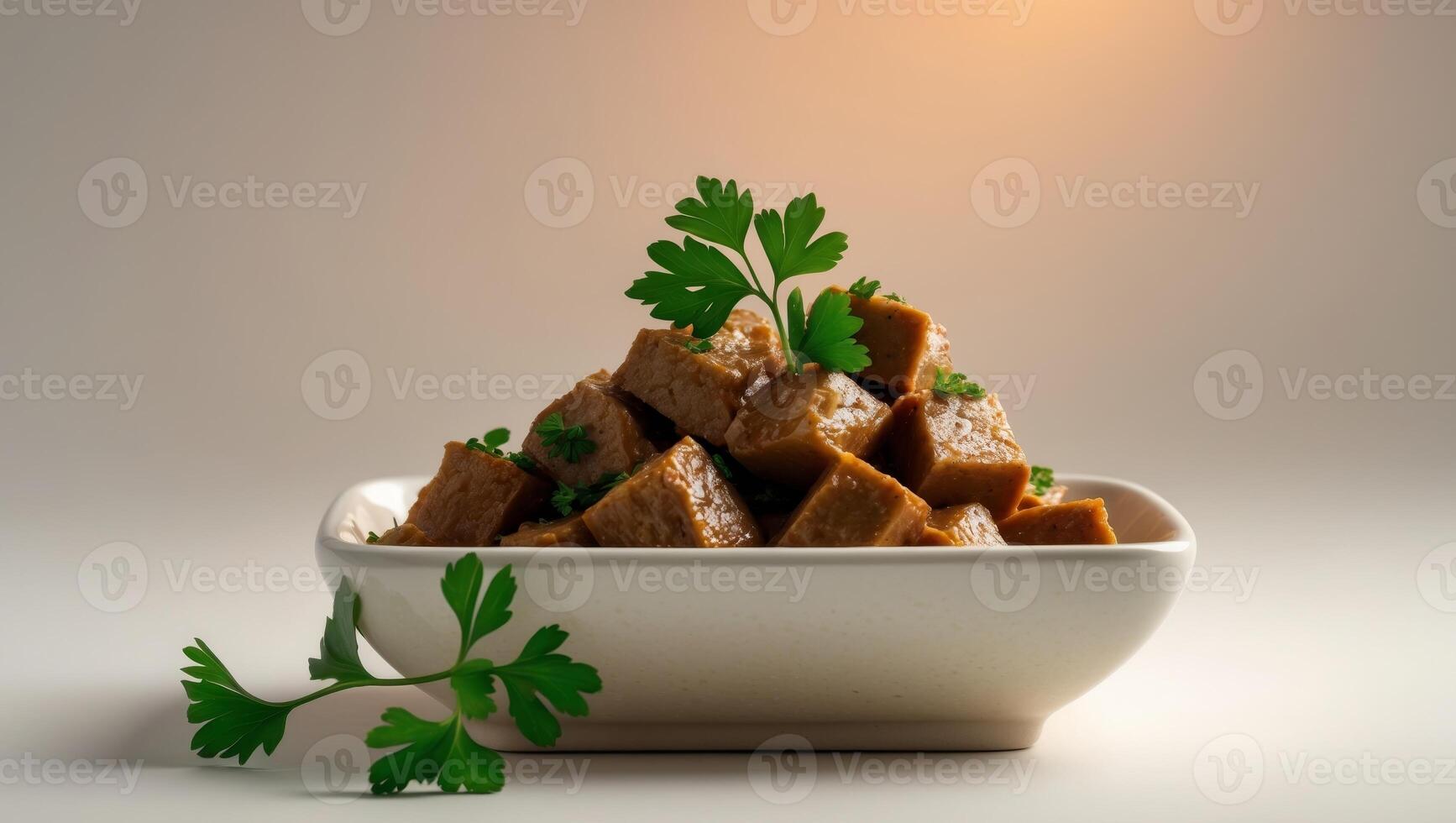 Appetizing wet cat food chunks served in a square ceramic dish with decorative fresh parsley leaves photo