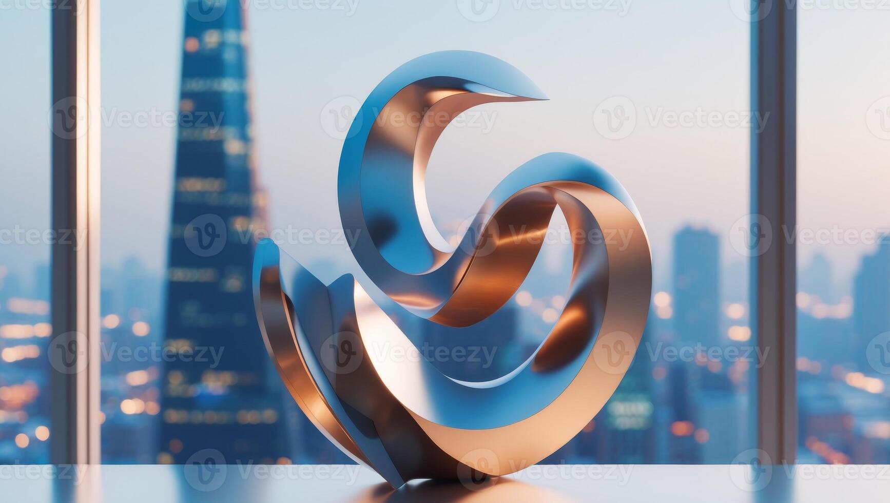 Abstract metal sculpture with cityscape background photo