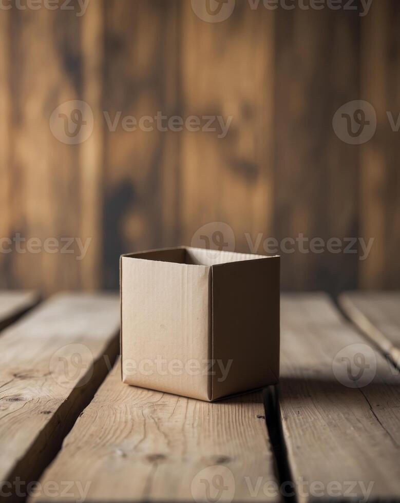 brown empty cardboard hangs natural wood backdrop mockup horizontal photo