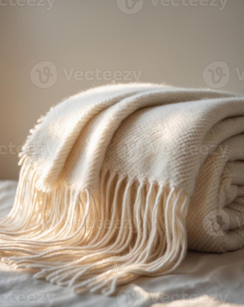 A white blanket with fringes on it photo