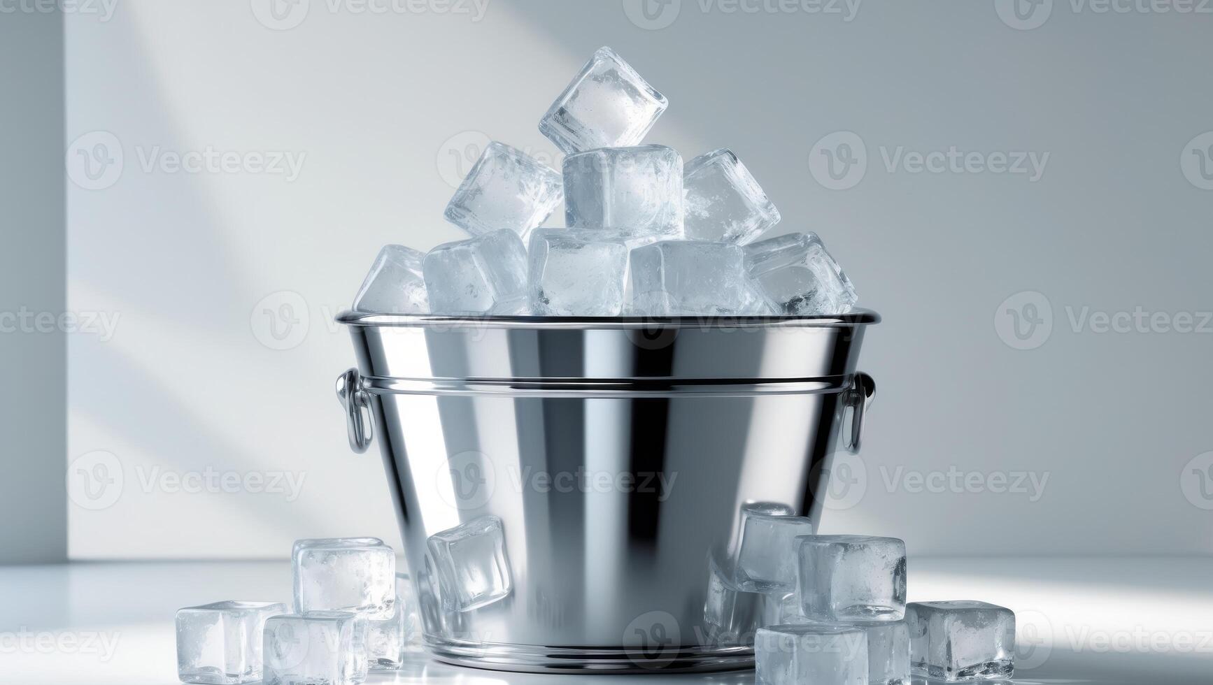 Metal ice bucket overflowing with ice cubes on reflective surface photo