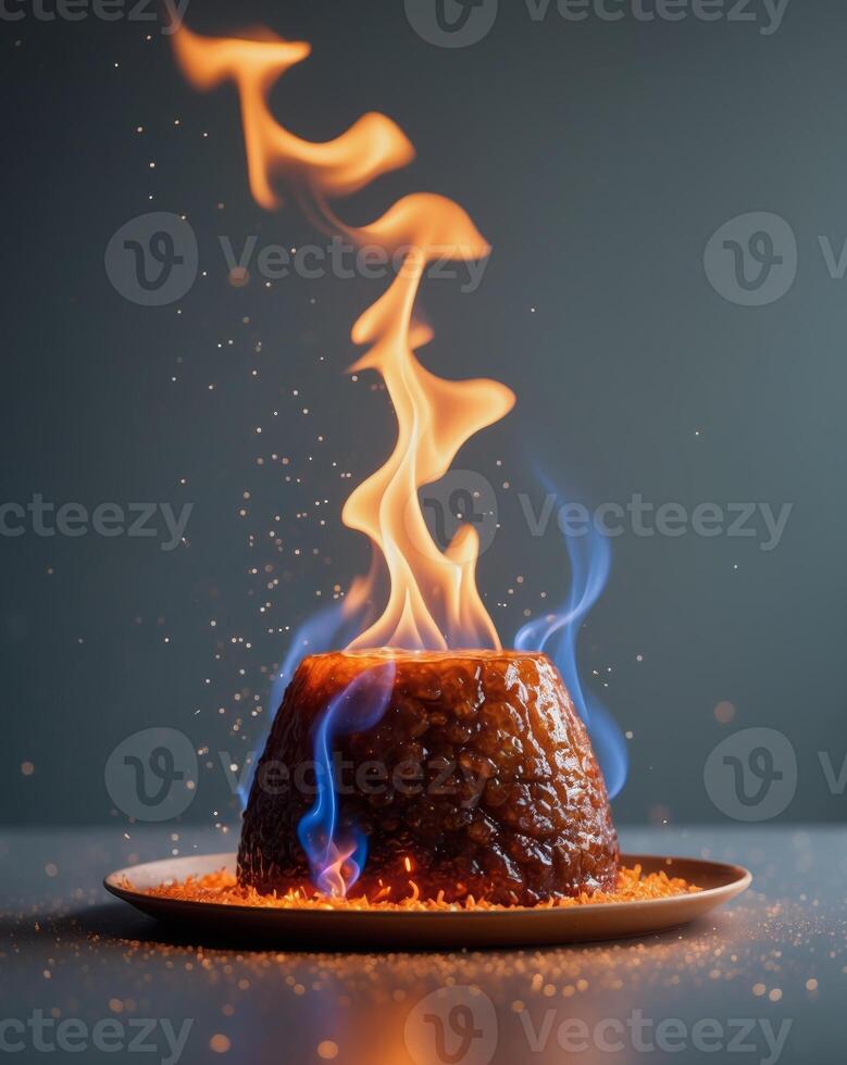 A pudding on a plate with flames coming out of it photo