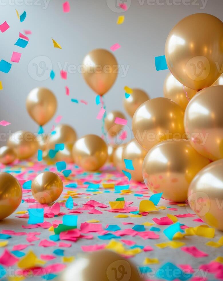 Many balloons and confetti falling from the ceiling photo