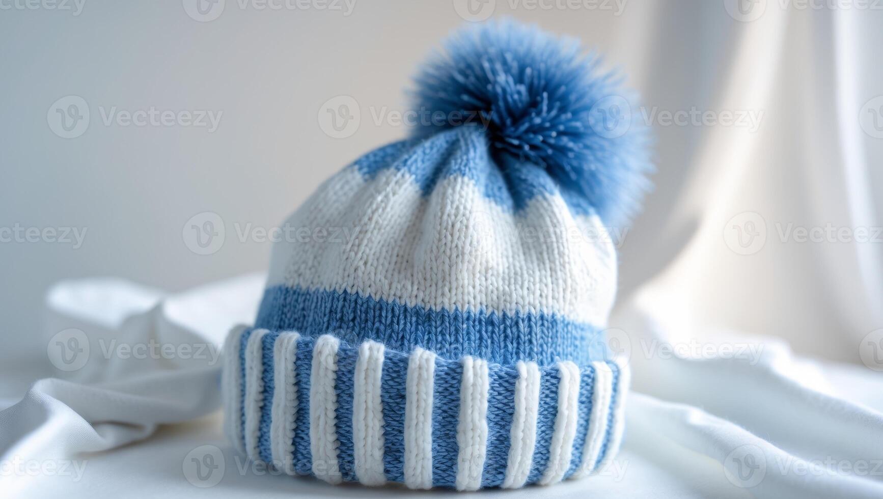 A blue and white striped hat with a pom pom photo
