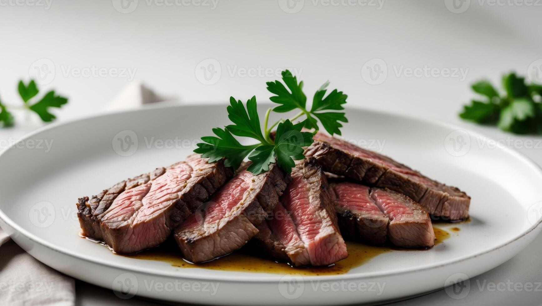 A plate of steak with parsley on it photo