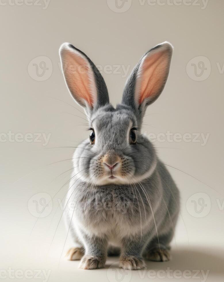 A gray rabbit with big ears sitting on a white background photo