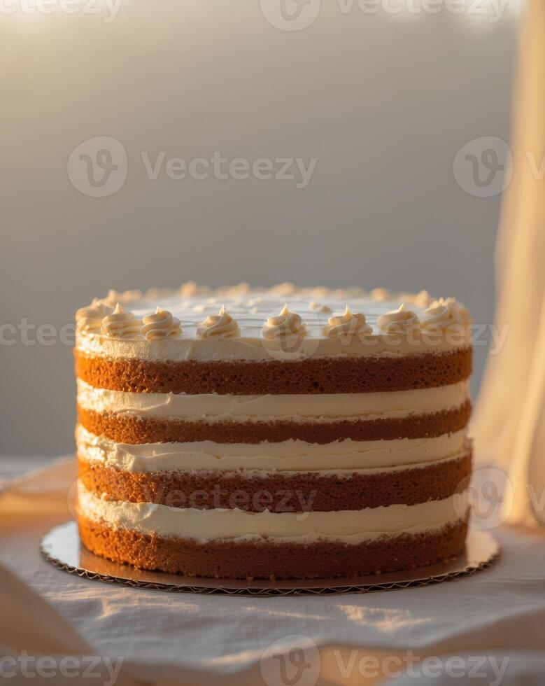 A cake with frosting on top on a table photo