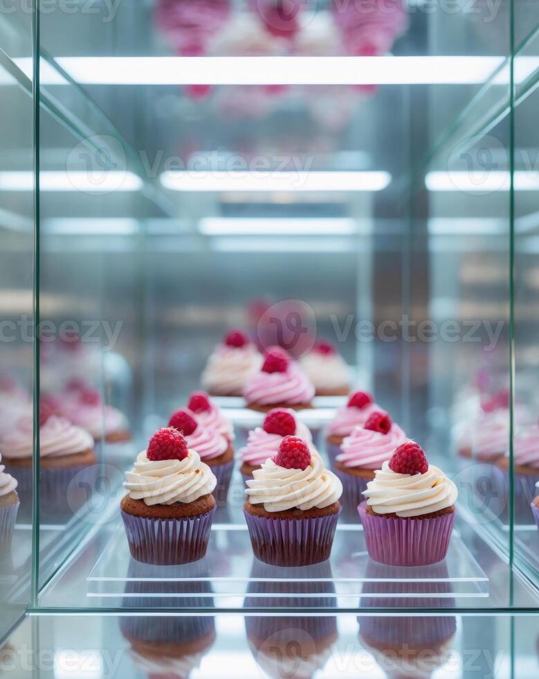 A display case filled with cupcakes photo