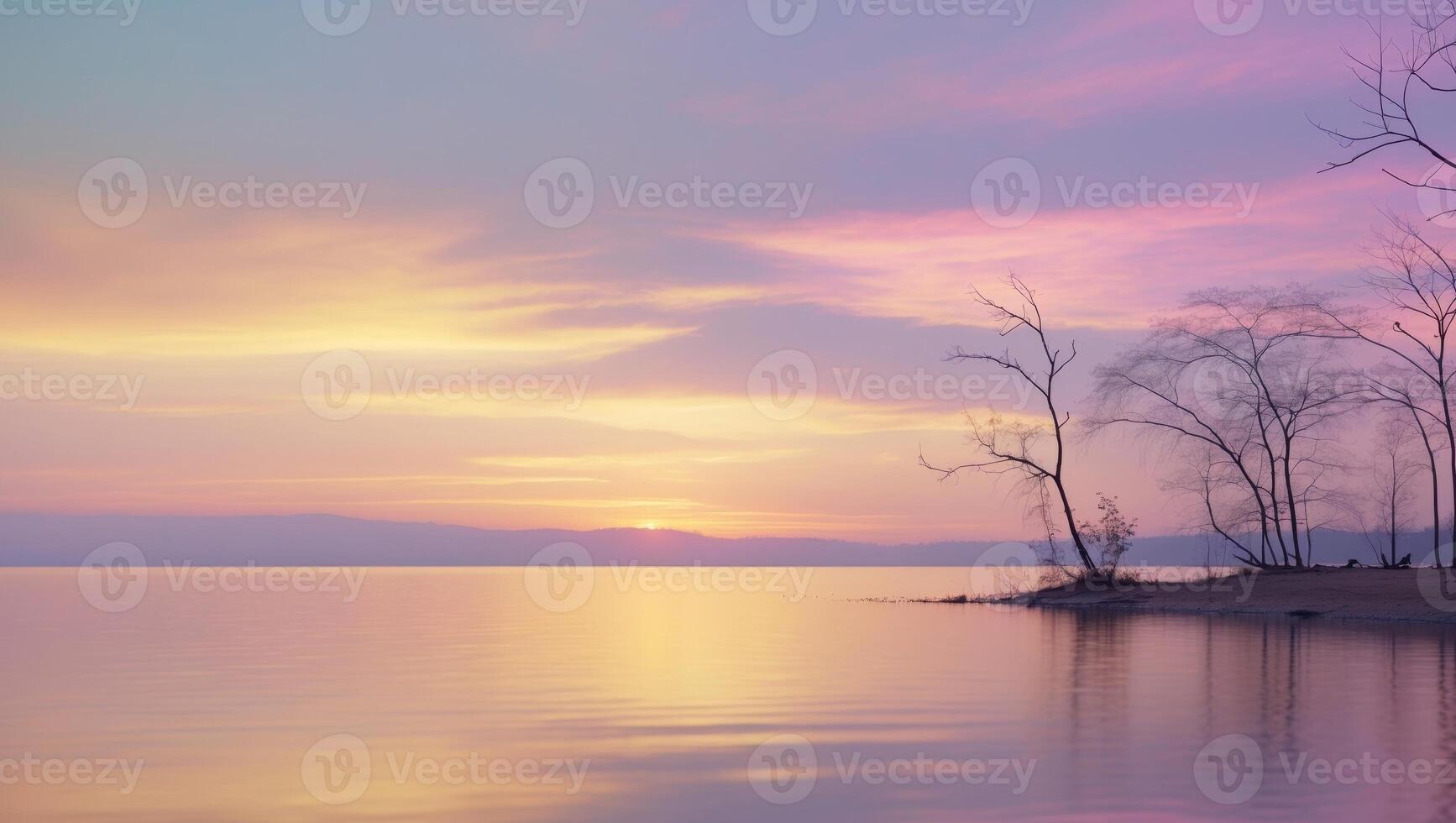 A sunset over a lake with trees photo