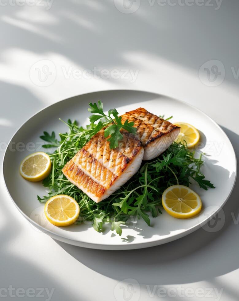Grilled salmon fillet with arugula salad on white plate photo