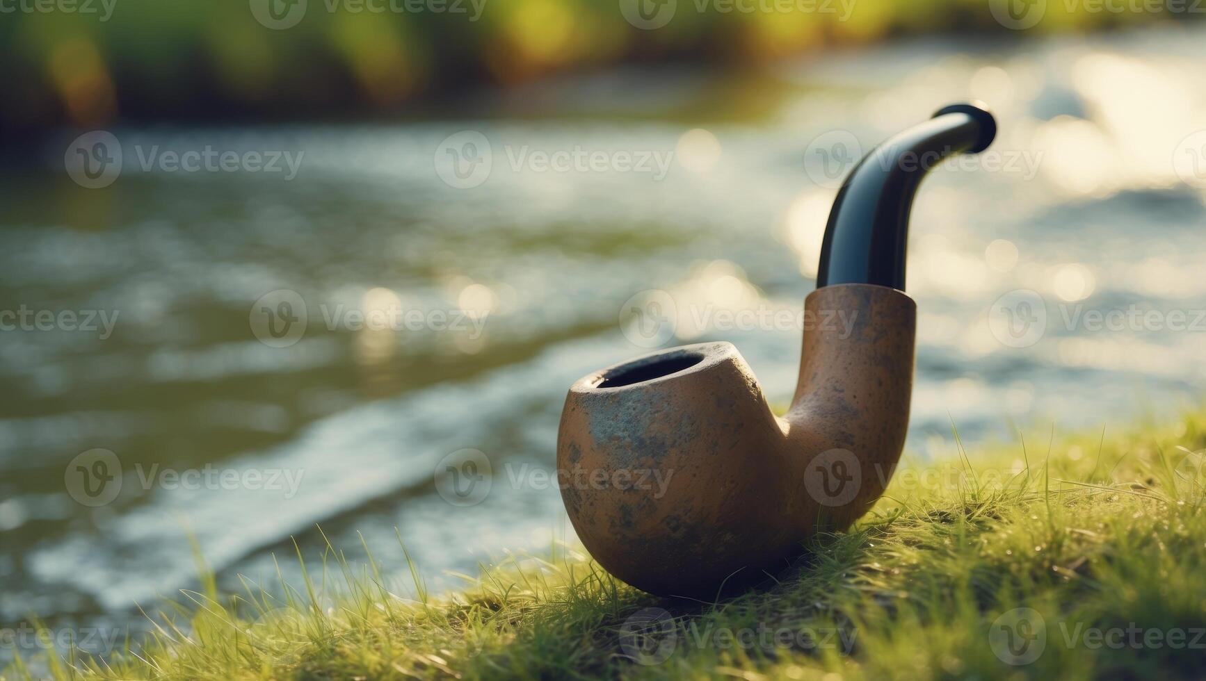 A pipe sitting on the grass next to a river photo