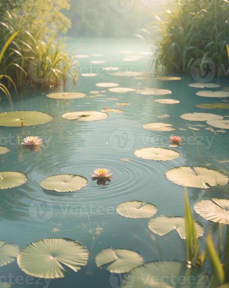 A pond with lily pads and water lilies photo