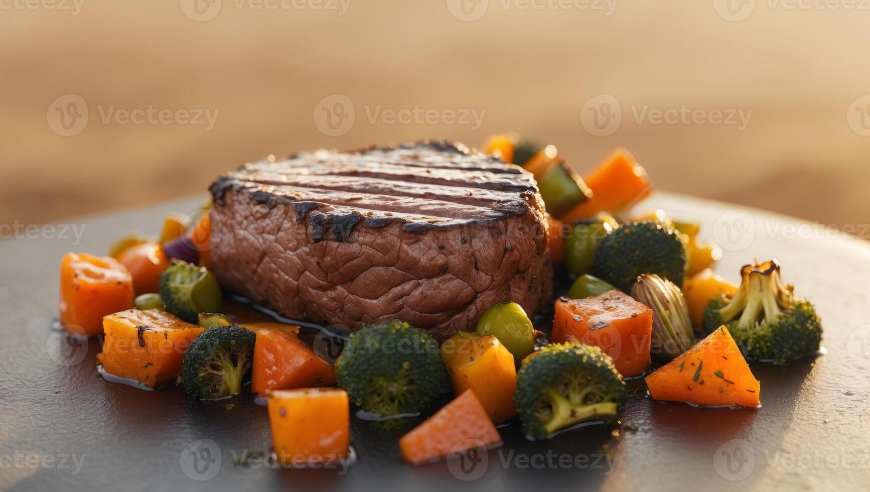 Grilled beef steak with vegetables on a black plate photo