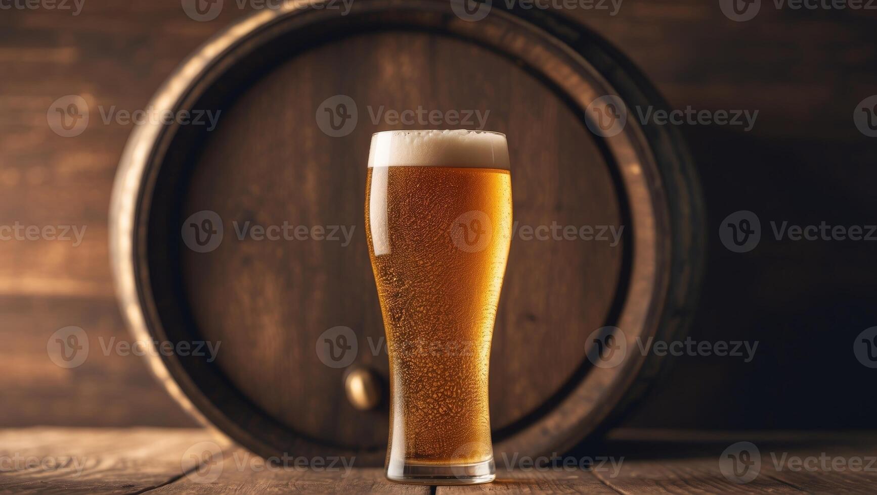 A glass of beer sits on a wooden table photo