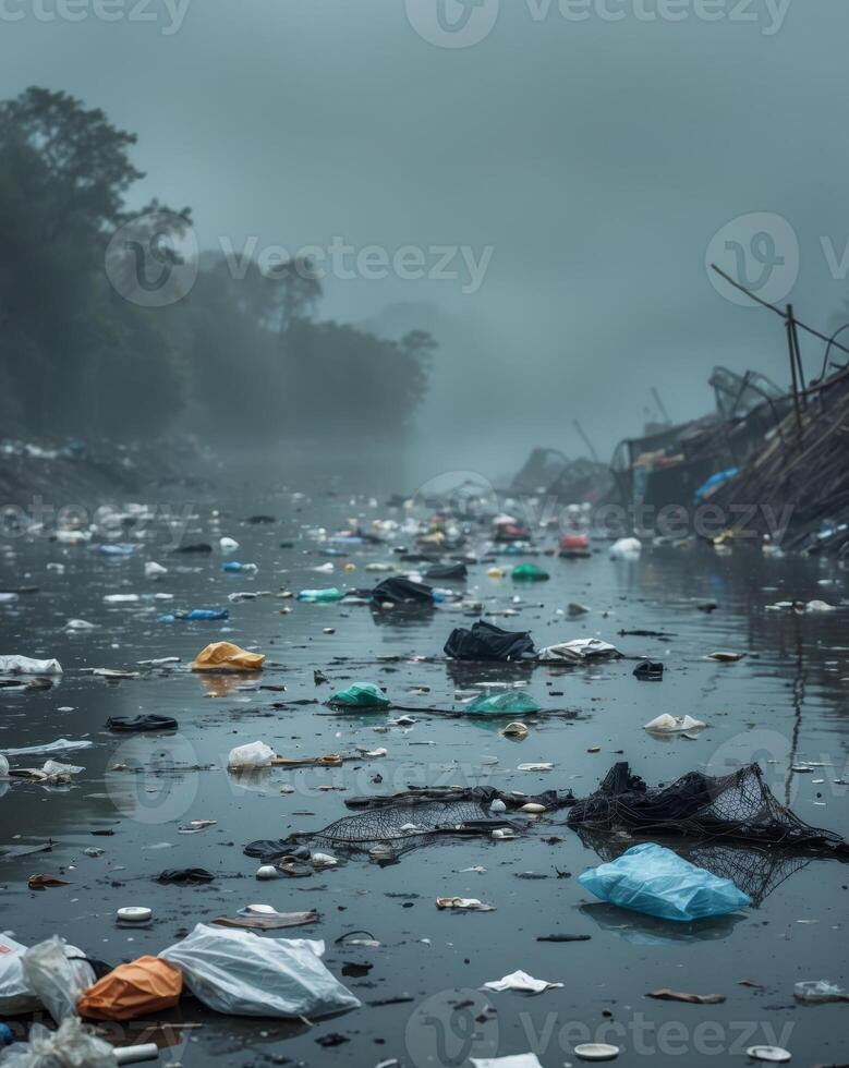 A river filled with garbage and plastic bags photo