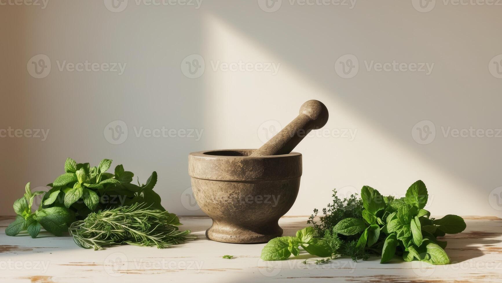 A mortar and pestle with fresh herbs on a wooden table photo