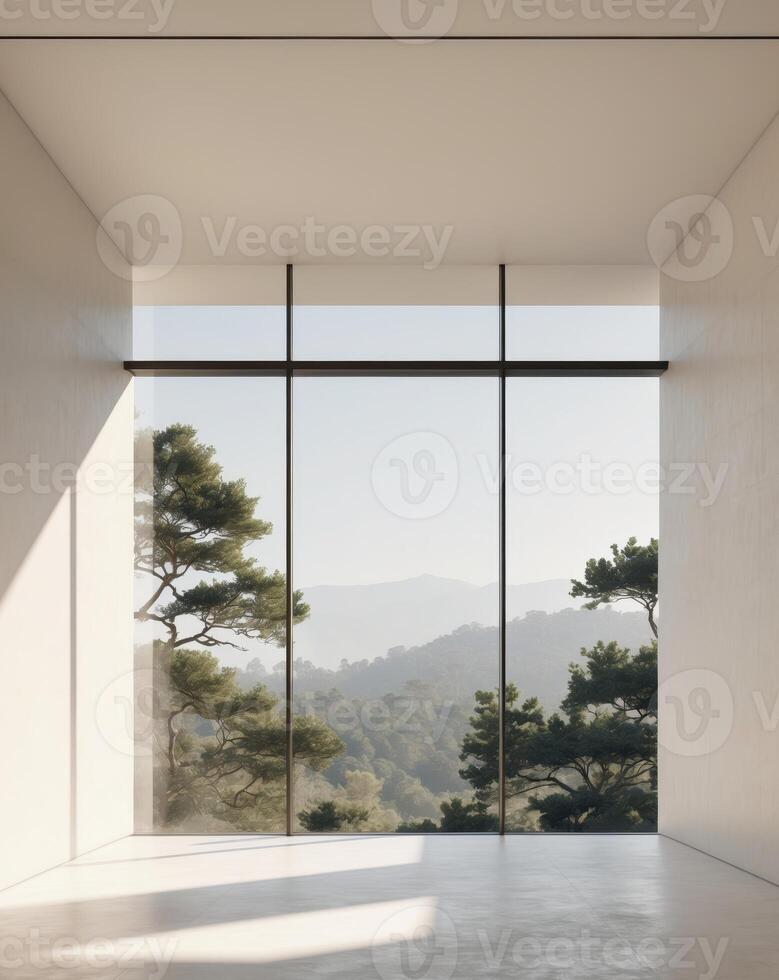 Empty room with large windows and mountains in the background photo