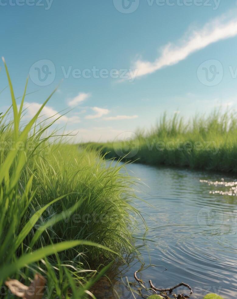 A river running through a field of grass photo