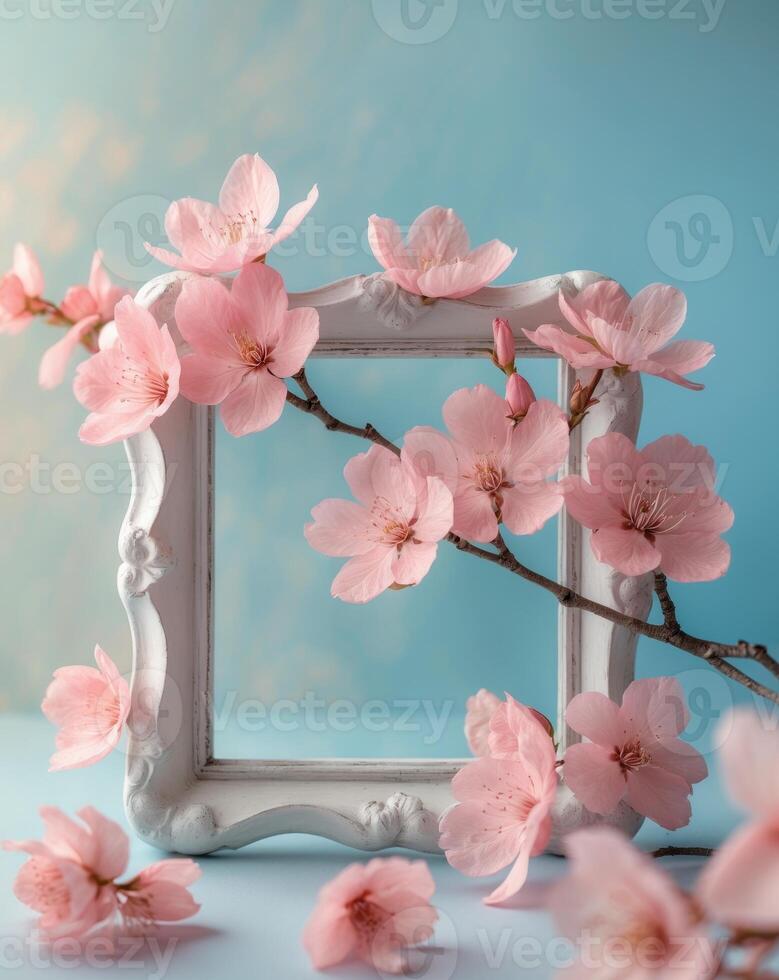 Pink cherry blossom in frame on blue background photo