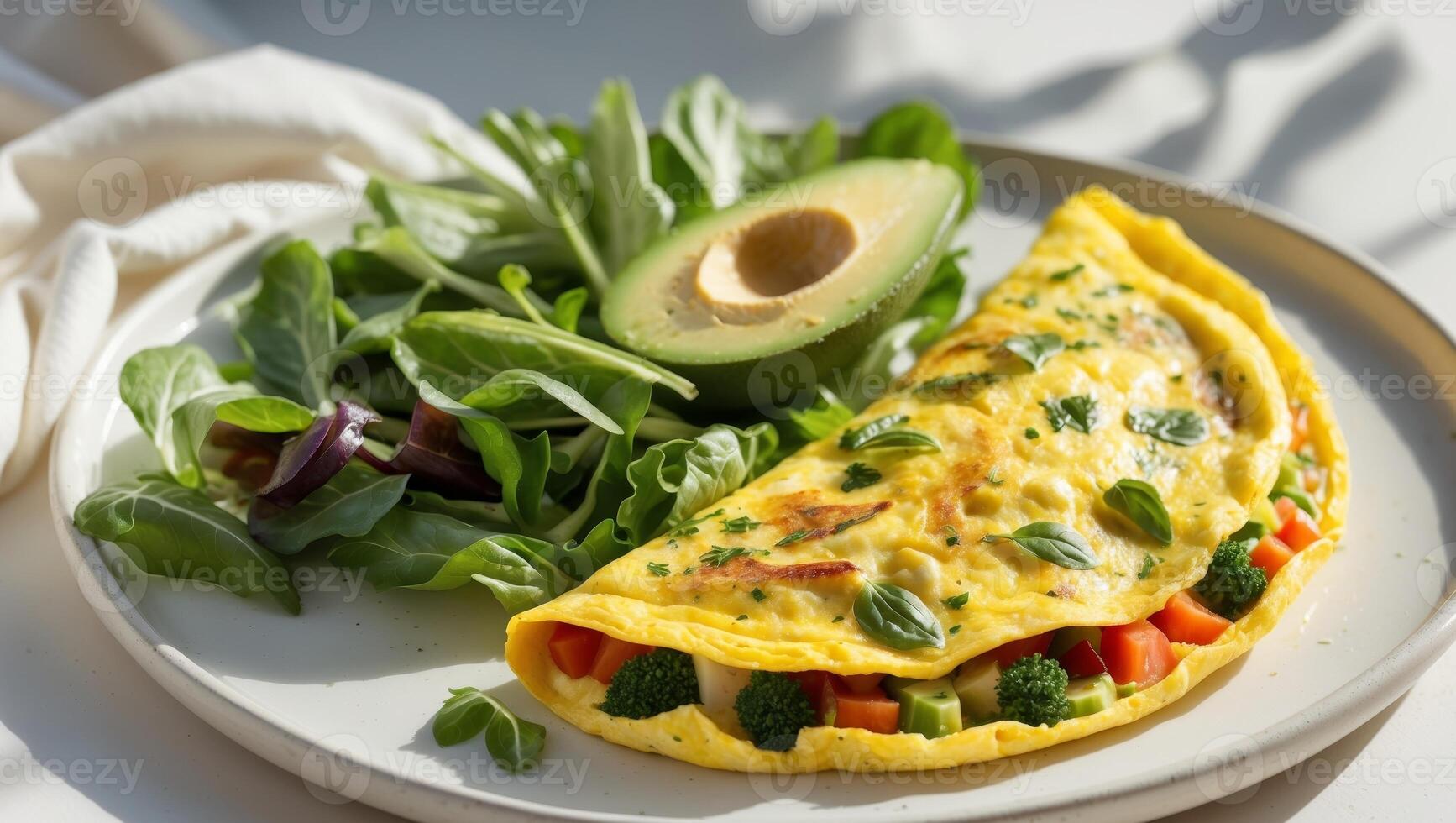 An omelet with vegetables and avocado on a white plate photo